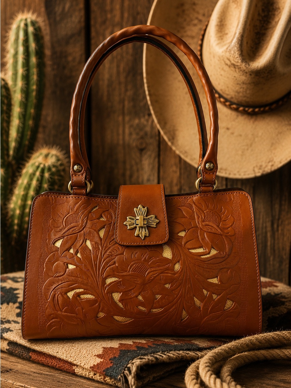 Patricia Nash Rosina Cut Out Tooling Leather Satchel Bag Cognac NWT
